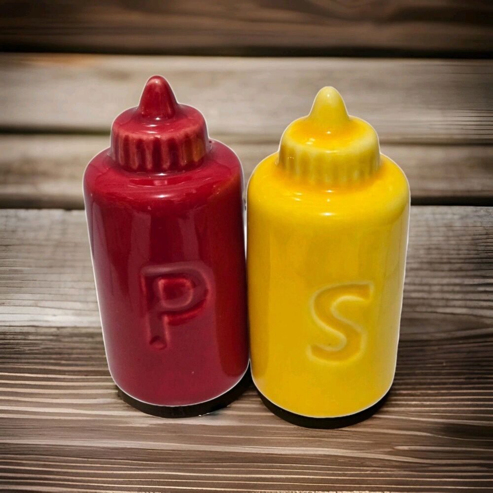 Ketcup Mustard Salt & Pepper Shaker Set  Ceramic